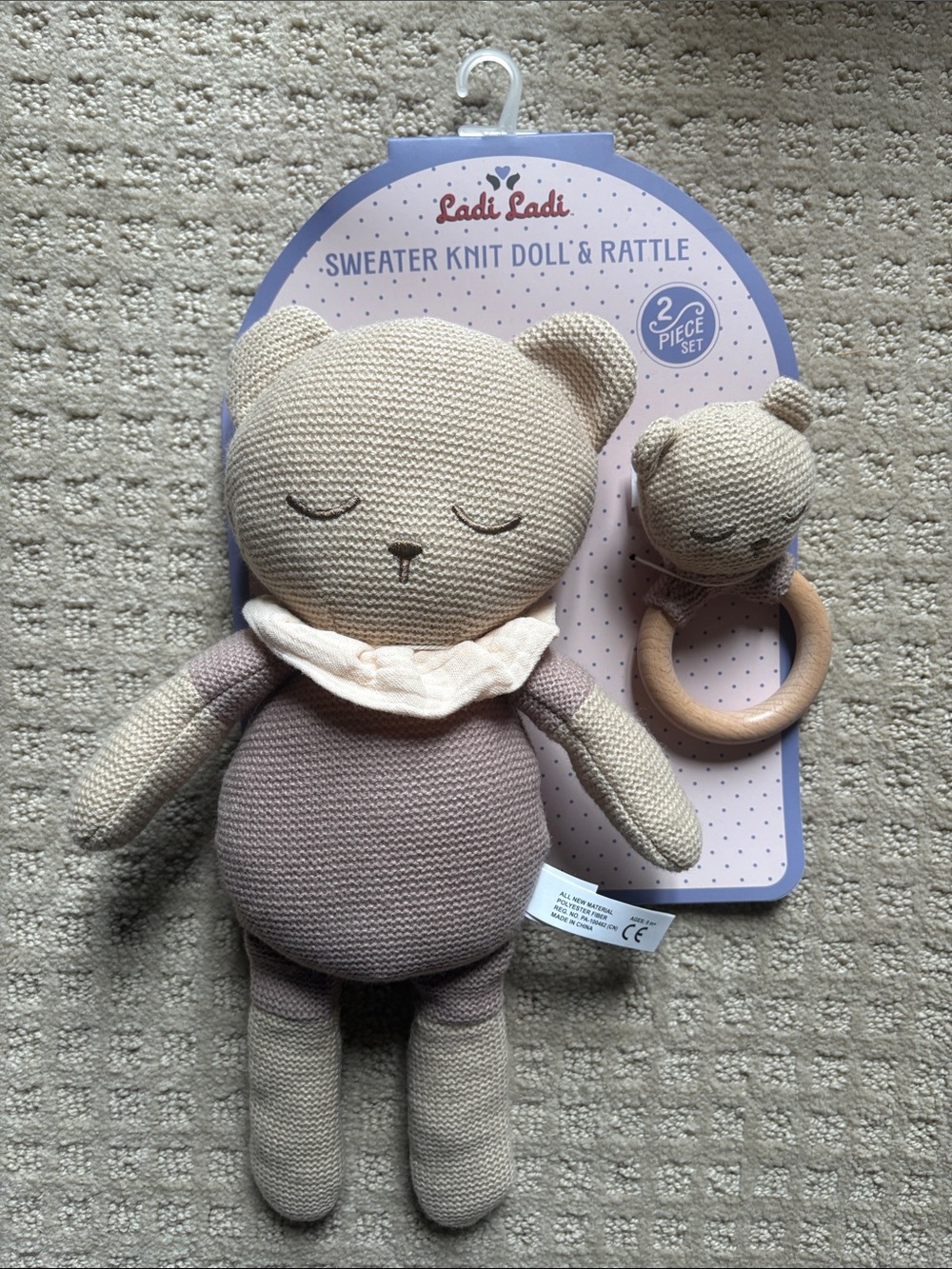 Sweater Knit Bear with Matching Rattle - 2 Piece Set